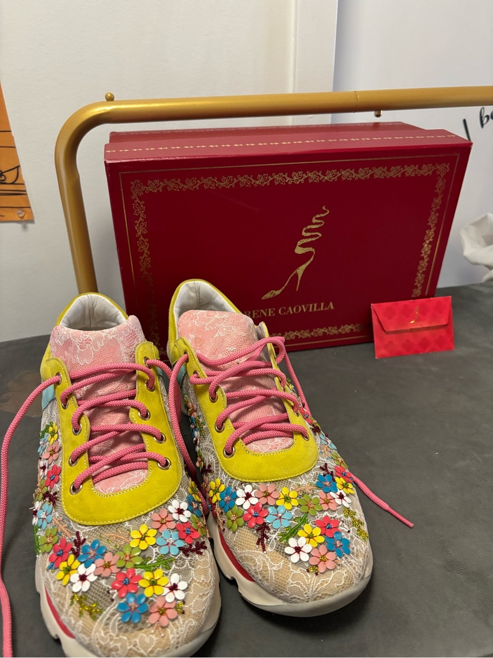 Luxury Vintage Colorful Floral Embellished Women’s Sneakers - Pink, Yellow